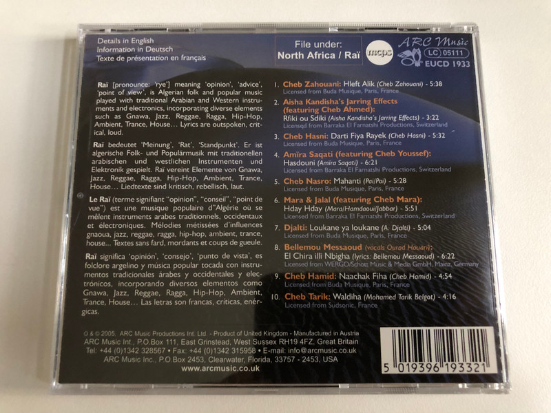 Algerian Raï - Bellemou Messaoud, Cheb Hasni, Cheb Zahouani, Amïra Saqati (feat. Cheb Youssef), Cheb Hamid, Djalti, Aisha Kandisha's Jarring Effects (Feat. Cheb Ahmed), Cheb Tarik, Cheb Nasro, Mara & Jalal / ARC Music Audio CD 2005 / EUCD 1933
