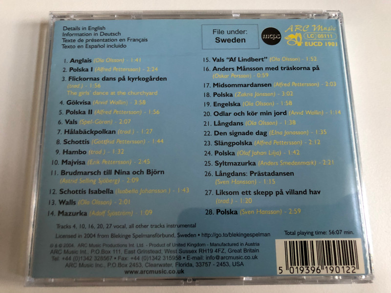 Blekinge Spelmansförbund – Traditional Music From The South Sweden / ARC Music Audio CD 2004 / EUCD 1901