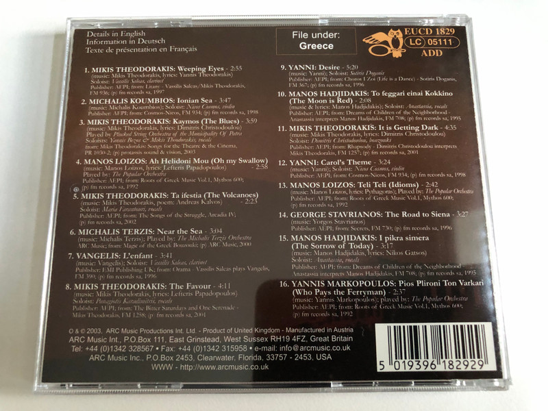 Famous Greek Composers - Mikis Theodorakis, Manos Hadjidakis, Manos Loizos, Vangelis, Yanni, Yannis Markopoulos, ... / ARC Music Audio CD 2003 / EUCD 1829 (5019396182929)