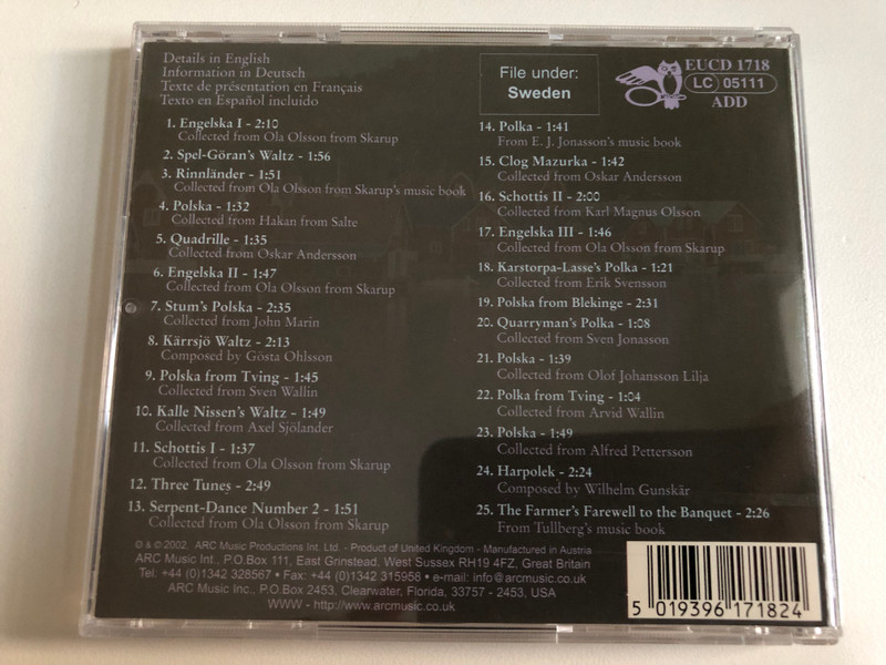 The Music Of Sweden - Blekinge Spelmansförbund / ARC Music Audio CD 2002 / EUCD 1718
