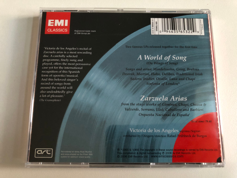 Victoria De Los Angeles: On Wings Of Song & Zarzeula Arias - Rafael Frühbeck De Burgos, Sinfonia Of London, Orquesta Nacional De España / Great Artists Of The Century / EMI Classics Audio CD 2008 Stereo / 094635653229