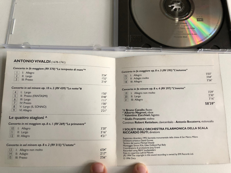 Dieci Anni Di Muti Alla Scala - Vivaldi: La quattro stagioni, La Tempesta di Mare, La notte - Riccardo Muti, E L'Orchestra Filarmonica Della Scala / EMI Audio CD 1996 Stereo / 7243 4 89159 2 4