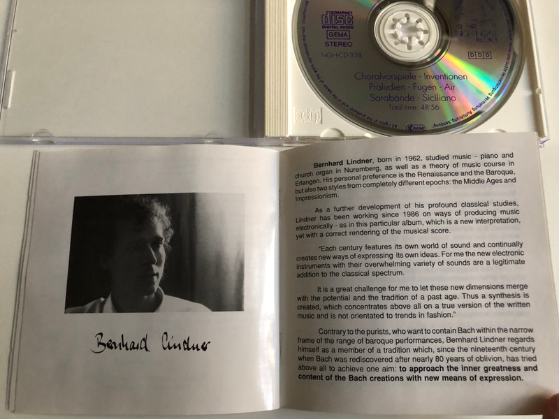 Bach Meets The Future: Original compositions by J. S. Bach, connecting the true musical meaning of the 17th century with the sound dimensions of the next millenium. - Realized By Bernhard Lindner / Nightingale Records Audio CD 1991 stereo / NGH-CD-338