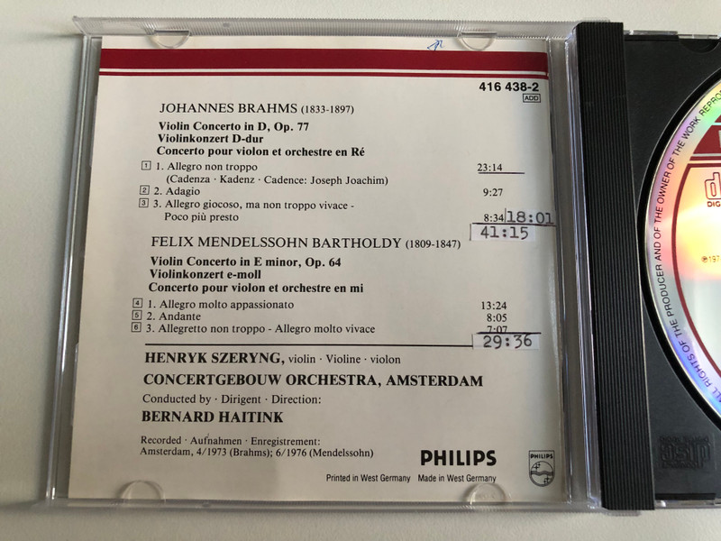 Brahms, Mendelssohn - Violin Concertos = Violinkonzerte - Henryk Szeryng, Concertgebouw Orchestra, Amsterdam, Bernard Haitink / Philips Audio CD / 416 438-2