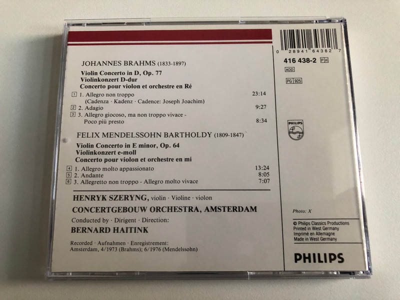 Brahms, Mendelssohn - Violin Concertos = Violinkonzerte - Henryk Szeryng, Concertgebouw Orchestra, Amsterdam, Bernard Haitink / Philips Audio CD / 416 438-2