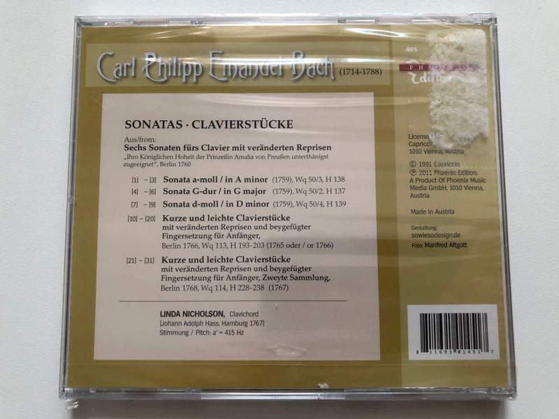 Carl Philipp Emanuel Bach Edition - Sonatas Clavierstücke: Linda Nicholson / Phoenix Edition Audio CD 2011 / 451