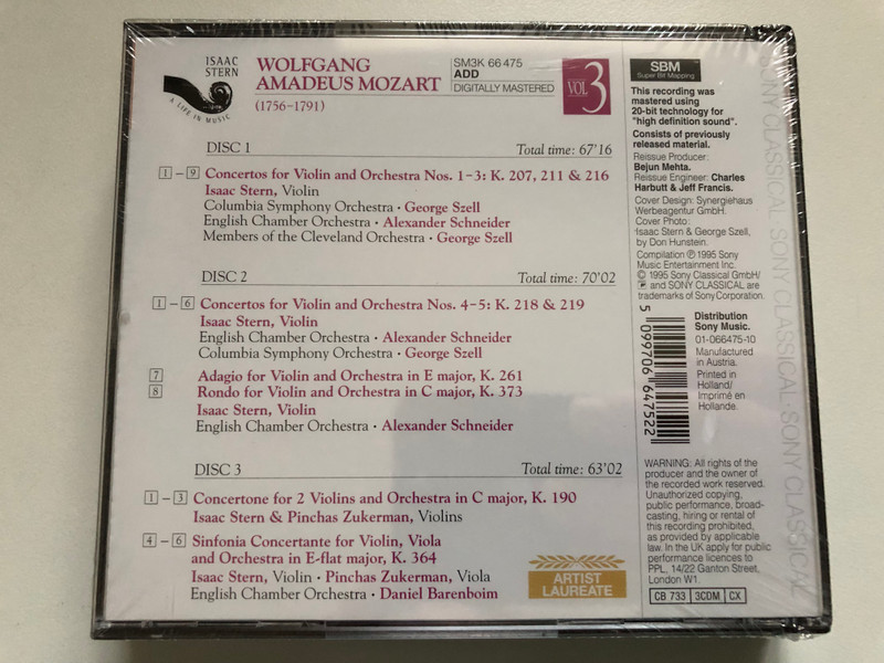 Wolfgang Amadeus Mozart - Violin Concertos Nos. 1–5; Sinfonia Concertante, K. 364; Concertone, K. 190 - Isaac Stern, Pinchas Zukerman / Sony Classical 3x Audio CD 1995 / SM3K 66475