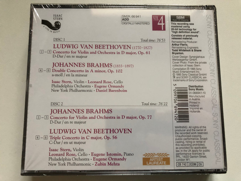 Beethoven - Violin Concerto, Triple Concerto; Brahms - Violin Concerto, Double Concerto - Isaac Stern, Leonard Rose, Eugene Istomin, New York Philharmonic, Daniel Barenboim, Zubin Mehta, Philadelphia Orchestra / Sony Classical 2x Audio CD 1995 / SM2K 66941
