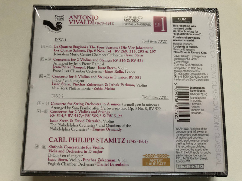 Vivaldi - The Four Seasons; Concertos For 2 Violins - Isaac Stern, Itzhak Perlman, Pinchas Zukerman, David Oistrakh, Jean-Pierre Rampal / Sony Classical 2x Audio CD 1995 / SM2K 66472