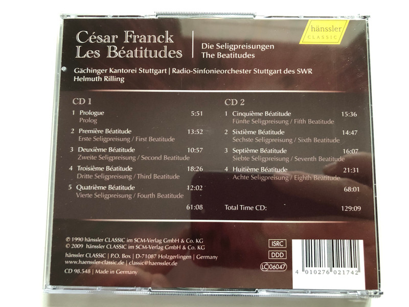 César Franck: Les Béatitudes = Die Seligpreisungen = The Beatitudes - Gächinger Kantorei Stuttgart, Radio-Sinfonieorchester Stuttgart des SWR, Helmuth Rilling / Hänssler Classic 2x Audio CD 2009 / CD 98.548