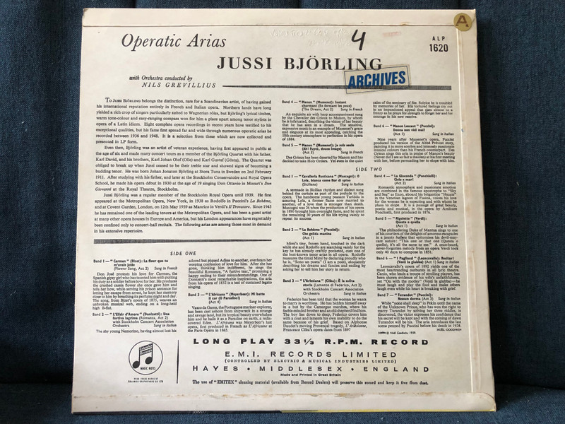 Jussi Björling: Operatic Arias with Orchestra conducted by Nils Grevillius - Carmen; L'Elisir D'Amore; L'Africana; Manon; Manon Lescaut; Cavalleria Rusticana; La Bohème; L'Arlesiana; La Gioconda; Rigoletto; I Pagliacci; Turandot / His Master's Voice LP Mono / ALP 1620