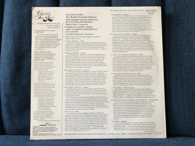 The World's Greatest Choruses - Robert Shaw, Norman Luboff Choir, Leopold Stokowski / Hallelujah; Anvil Chorus; Jesu, Joy Of Man's Desiring; Sheep May Safely Graze; Bridal Chorus; Evening Prayer; Handel's Largo and others / Quintessence LP Stereo 1977 / PMC 7019