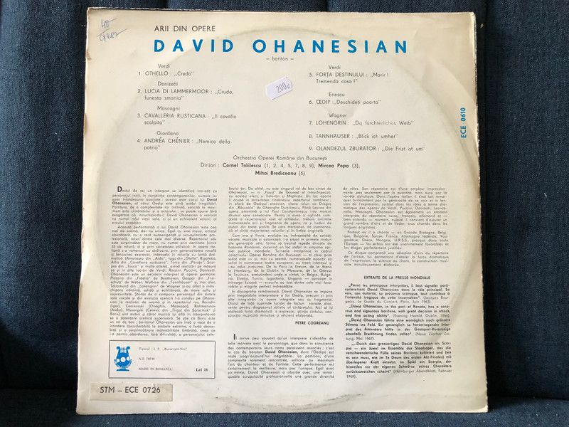 David Ohanesian – Arii Din Opere / Othello; Lucia Di Lammermoor; Cavalleria Rusticana; Andréa Chénier; Forța Destinului; Oedip; Lohengrin; Tannhäuser; Olandezul Zburător / Electrecord LP / STM-ECE 0726