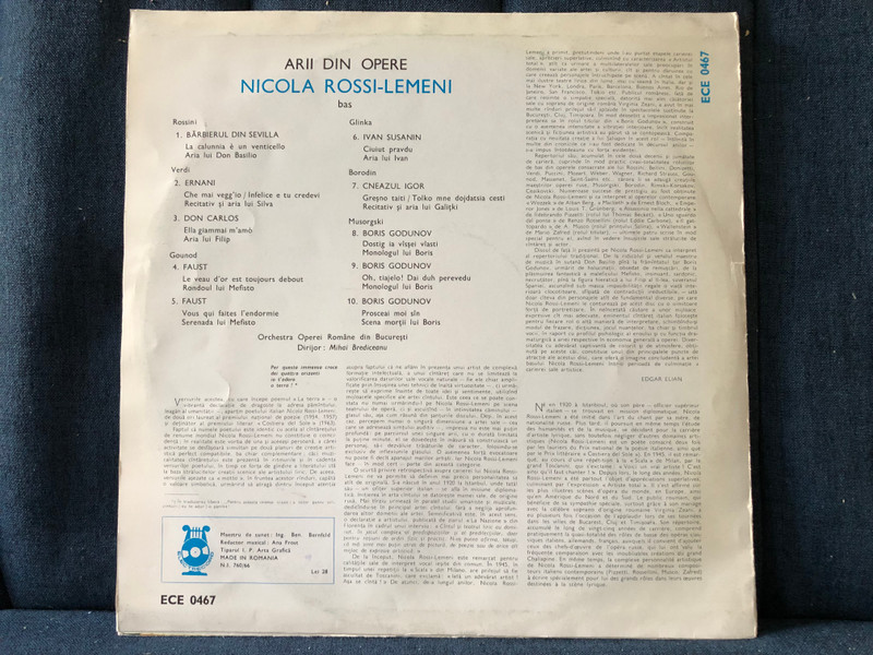 Nicola Rossi-Lemeni (bas) – Arii Din Opere: Bărbierul din Sevilla, Ernani, Don Carlos, Faust, Ivan Susanin, Cneazul Igor, Boris Godunov / Electrecord LP / ECE 0467