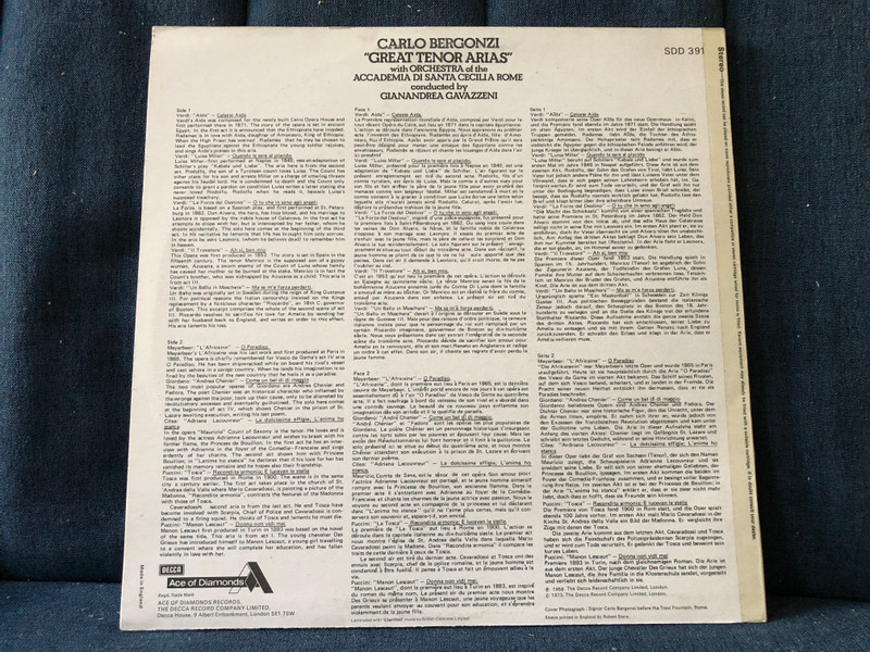 Carlo Bergonzi – Great Tenor Arias from: Aida, Luisa Miller, La Forza del Destino, Il Trovatore, Un Ballo In Maschera, L' Africaine, Andrea Cheiner, Adriana Lecouvreur, Tosca & Manon Lescaut. / Ace Of Diamonds LP Stereo 1973 / SDD 391