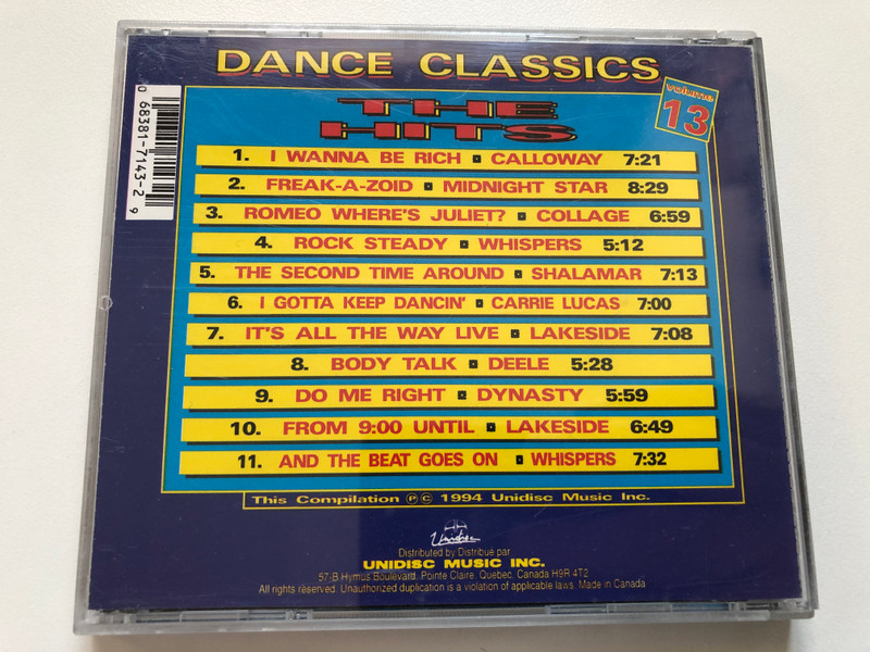 Dance Classics - The Hits: Volume 13 - Collage, The Deele, Carrie Lucas, Shalamar, Midnight Star, Calloway, Dynasty, Lakeside, Whispers / Full Length Versions / Unidisc Audio CD 1994 / SPLK-7143