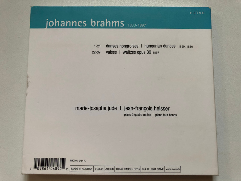 Brahms: Danses Hongroises, Valses Opus 39 - Marie-Josephe Jude, Jean-Francois Heisser / Naïve Audio CD 2001 / V 5104