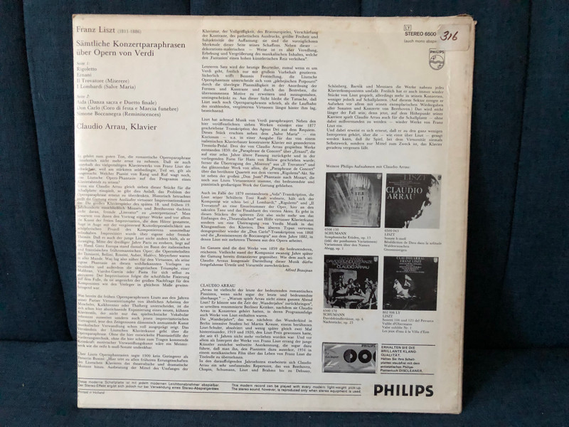 Claudio Arrau - Liszt: Sämtliche Konzertparaphrasen Über Opern Von Verdi - Rigoletto; Ernani; Il Trovatore; Lombardi; Aida; Don Carlo; Simone Boccanegra / Philips LP Stereo / 6500 368