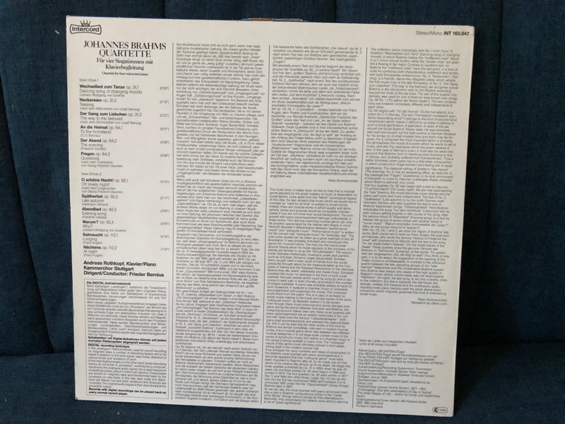 Johannes Brahms Quartette Für Vier Singstimmen Mit Klavierbegleitung Op.31, 64, 92, 112 Nr. 1-2, Quartets For Four Voices And Piano - Kammerchor Stuttgart, Frieder Bernius, Andreas Rothkopf (piano) / Intercord LP Stereo, Mono 1983 / INT 160.847