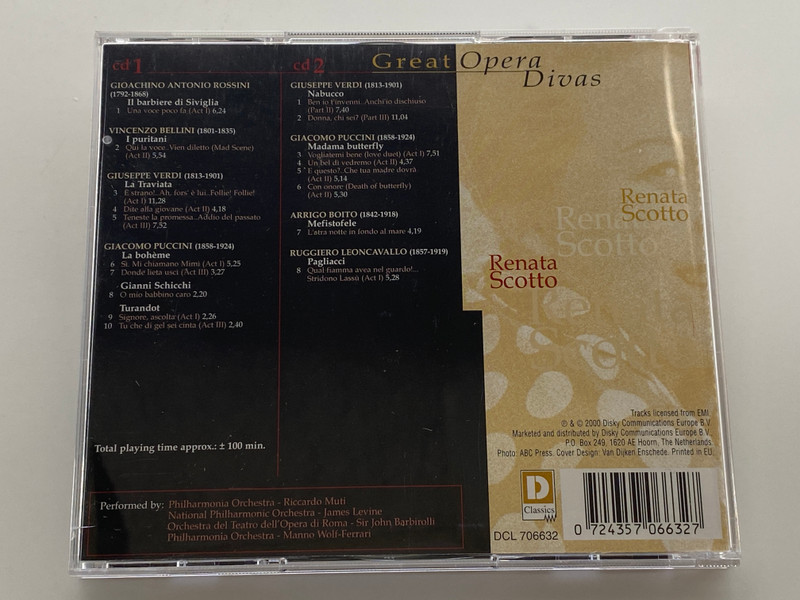Renata Scotto – Great Opera Divas: Rossini, Bellini, Verdi, Leoncavallo, Puccini / Disky Classics 2x Audio CD 2000 / DCL 706632 