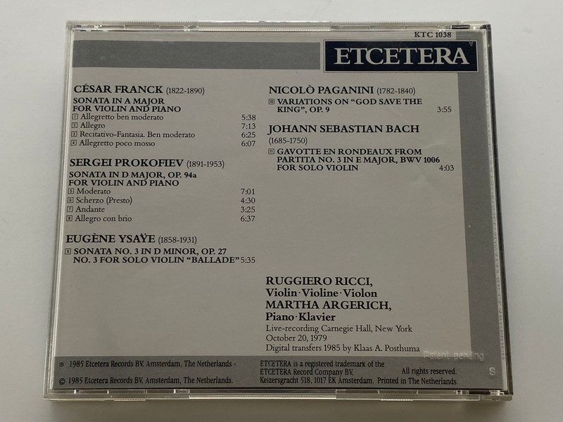 Ruggiero Ricci, Martha Argerich - Franck: Violin Sonata, Prokofiev: Violin Sonata Op 94a - Carnegie Hall / Etcetera Audio CD 1985 / KTC 1038