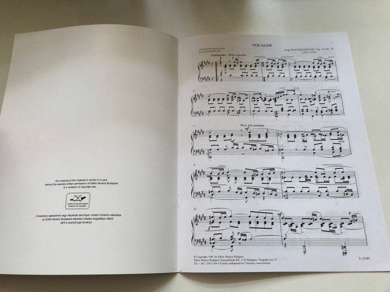 Rachmaninoff - Vocalise (Transcription by Zoltán Kocsis) (9790080120019)
