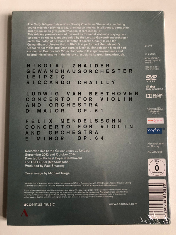 Nikolaj Znaider: Beethoven & Mendelssohn Violin Concertos with Gewandhaus Orchestra DVD (260234830880)