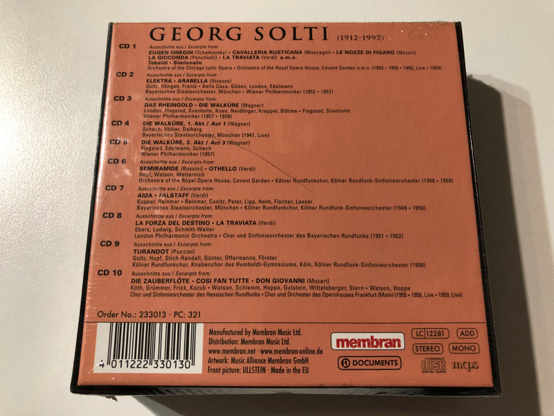 Solti: Der Operndirigent = The Opera Conductor - Wagner, Strauss, Verdi, Puccini, Mozart, Offenbach, Tchaikovsky, a. m. o. / Membran 10x Audio CD, Box Set, Stereo, Mono / 233013