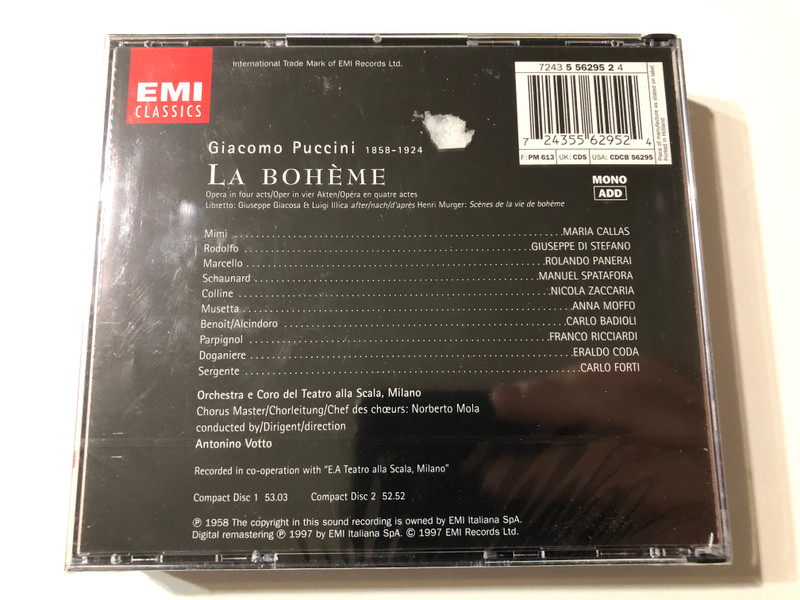 Puccini: La Bohème - Maria Callas, Giuseppe di Stefano, Rolando Panerai, Anna Moffo, Orchestra E Coro Del Teatro Alla Scala Di Milano, Antonino Votto / EMI Classics 2x Audio CD 1997, Mono / 724355629524