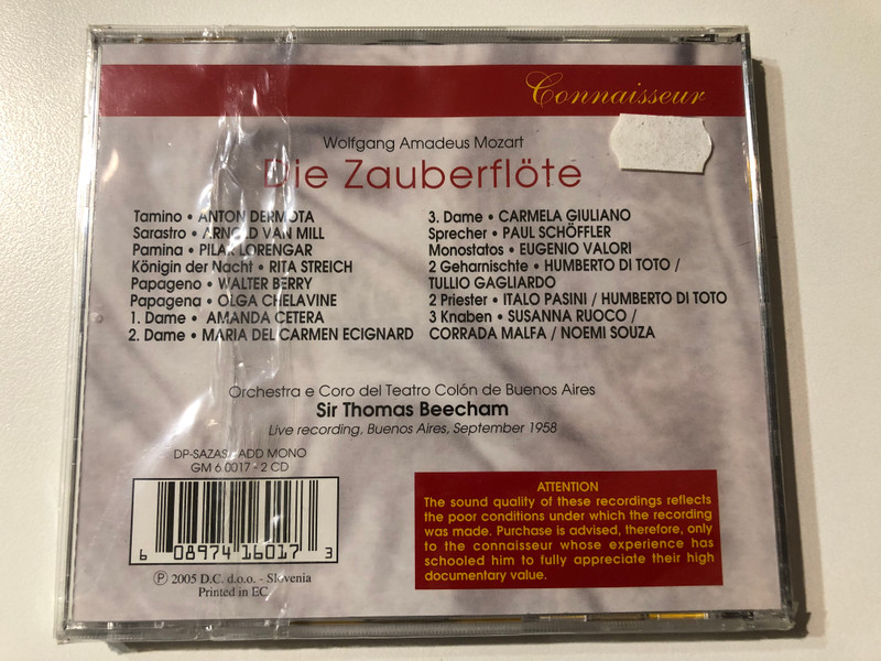 Wolfgang Amadeus Mozart: Die Zaubeeflote - Anton Dermota, Arnold van Mill, Pilar Lorengar, Rita Streich, Walter Berry, Sir Thomas Beecham / Buenos Aires, September, 1958 / Golden Melodram 2x Audio CD 2005 Mono / GM 6.0017