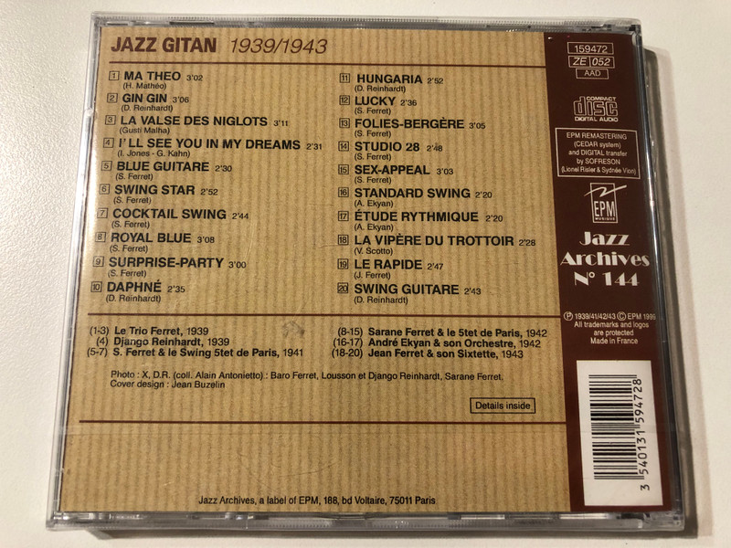Jazz Gitan = Gypsy Jazz 1939-1943 - Sarane Ferret, Django Reinhardt, Baro Ferret, Andre Ekyan, Matelo Ferret... / Jazz Archives Audio CD 1999 / N° 144