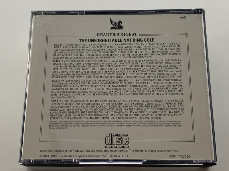 Nat King Cole – The Unforgettable / Collector's Edition / Reader's Digest 4x Audio CD 1992 / RDD-147-2/CDI