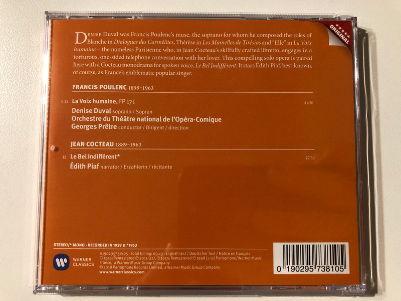 La Voix Humaine - Text De Jean Cocteau, Musique De Francis Poulenc, Avec Denise Duval, Orchestre Du Théâtre National De L'Opéra-Comique, Direction: Georges Prêtre / Warner Classics Audio CD 2018 / 0190295738105