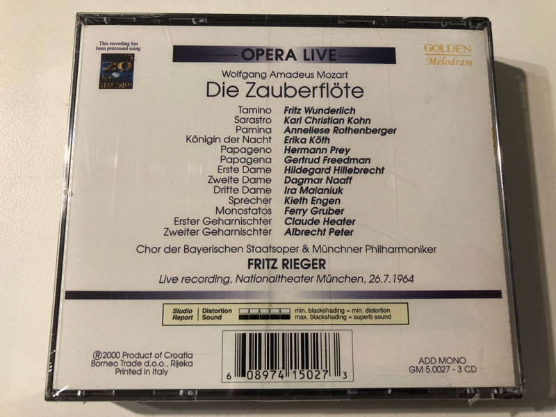 Wolfgang Amadeus Mozart: Die Zauberflote - F. Wunderlich, K. Ch. Kohn, A. Rothenberger, E. Koth, H. Prey - Fritz Rieger / Munchen 1964 / Opera Live / Golden Melodram 3x Audio CD 2000 Mono / GM 5.0027