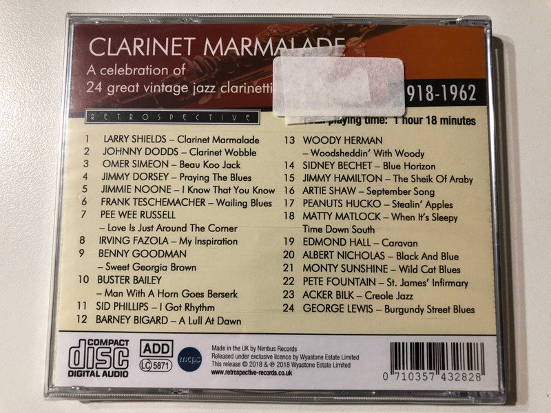 Clarinet Marmalade – A Celebration of 24 Great Vintage Jazz Clarinetists (1918-1962)  Audio CD (0710357432828)