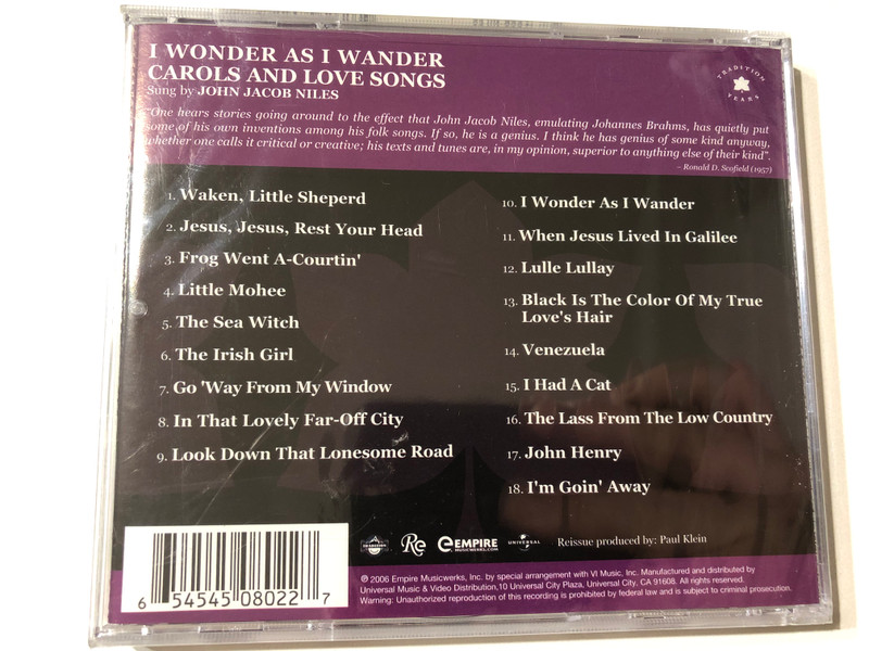 WONDER AS I WANDER - CAROLS AND LOVE SONGS  John Jacob Niles – Tradition The Original Folk Classics  Audio CD (654545080227)