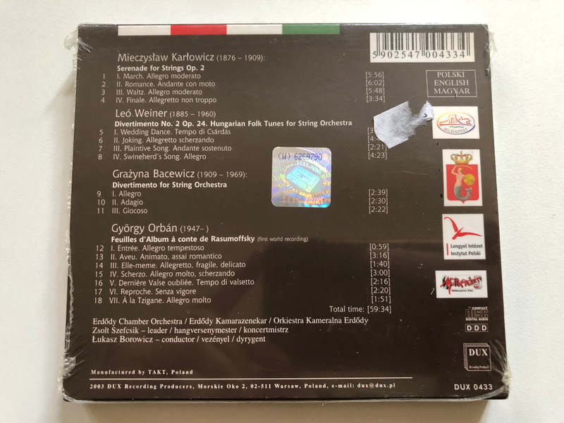 Erdődy Chamber Orchestra: Karłowicz, Weiner, Bacewicz, Orbán /Mieczysław Karłowicz, Leó Weiner, Grażyna Bacewicz, György Orbán / Audio CD (5902547004334