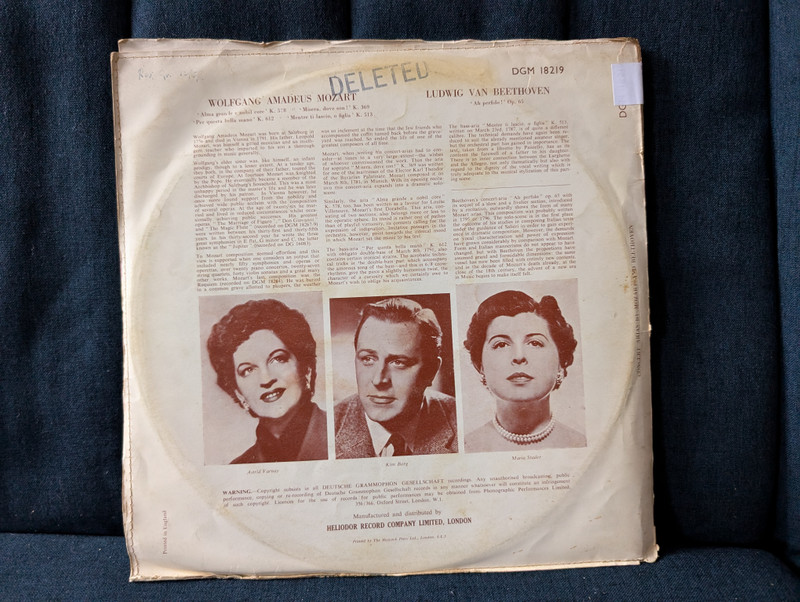 Concert Arias by Mozart and Beethoven  LP Vinyl (DGM 18219)
