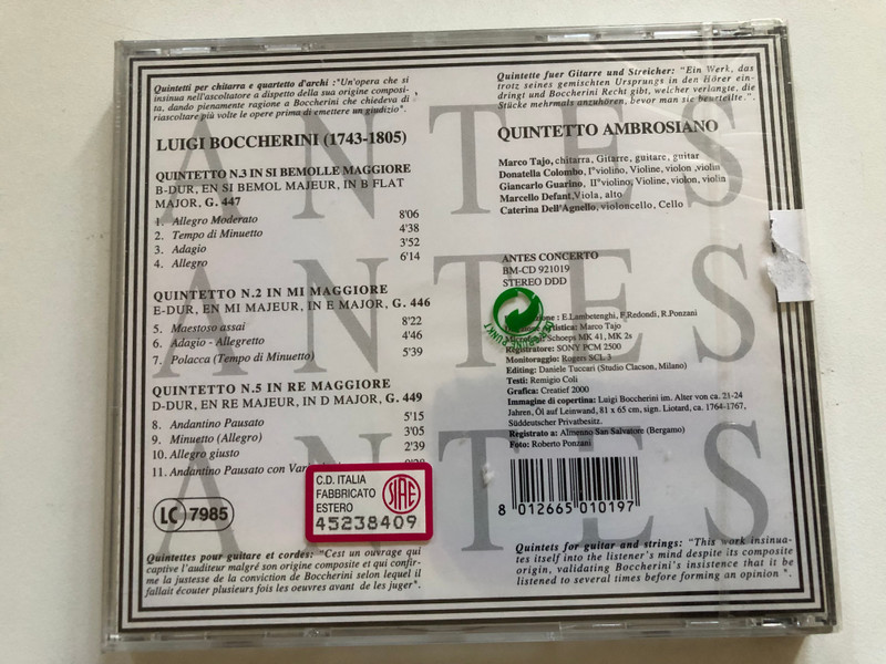 Antes Concerto – Luigi Boccherini: Quintets for Guitar and Strings (Audio CD) (8012665010197)