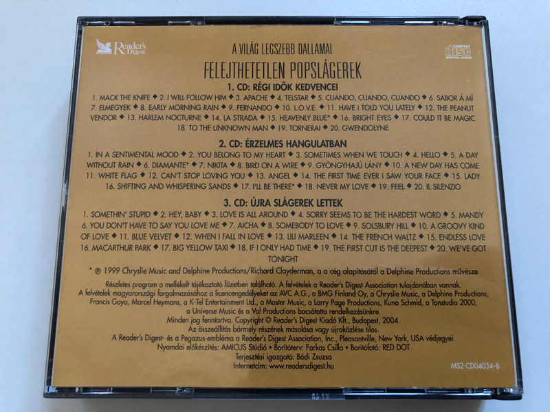 A VILÁG LEGSZEBB DALLAMAI – FELEJTHETETLEN POPSLÁGEREK (UNFORGETTABLE POP HITS) | 3-CD Válogatás (MS2-CD04034-F)