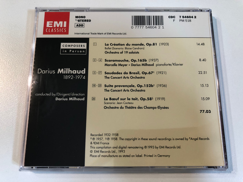 Darius Milhaud: Composers in Person – Plays & Conducts (Audio CD) (077775460421)