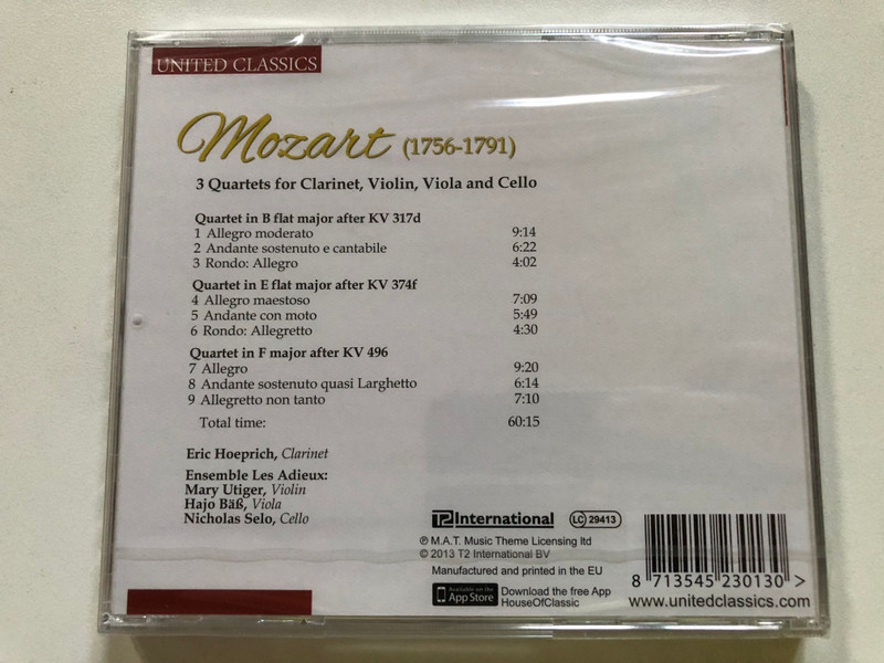 Wolfgang Amadeus Mozart – 3 Quartets for Clarinet, Violin, Viola & Cello (UNITED CLASSICS) - CD (8713545230130)