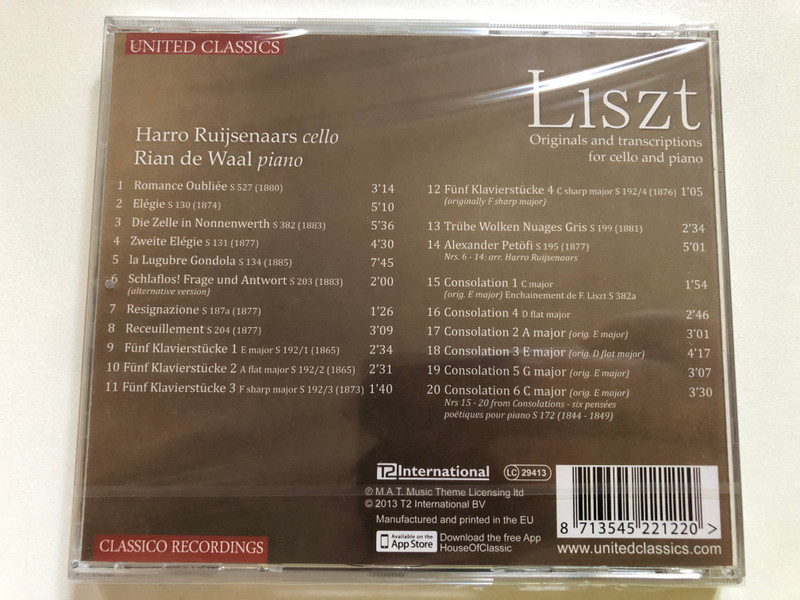 Liszt – Originals and Transcriptions for Cello and Piano CD (8713545221220)