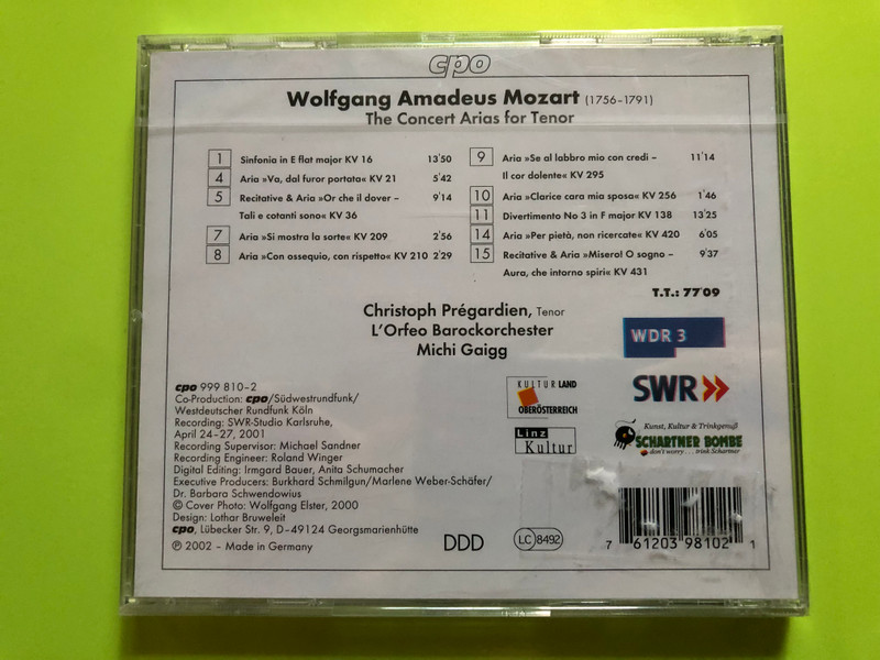 Mozart – Concert Arias for Tenor (Christoph Prégardien, L’Orfeo Barockorchester, Michi Gaigg) CD (761203981021)