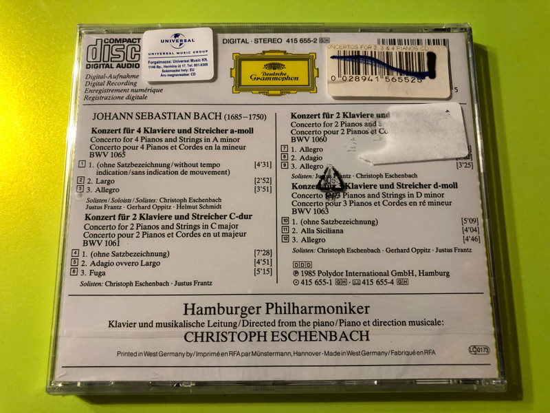 J.S. Bach – Concertos for 2, 3 & 4 Pianos | Eschenbach, Frantz, Oppitz, Schmidt CD (0028941565525)
