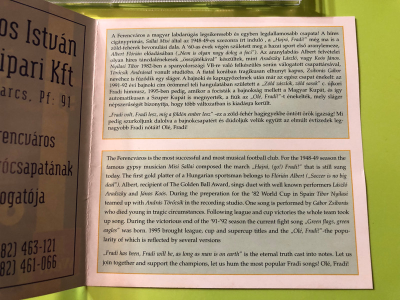 Olé, Fradi!: Evergreen "Green and White" Hits of Ferencváros Football Club CD (CSM 142-10-2)