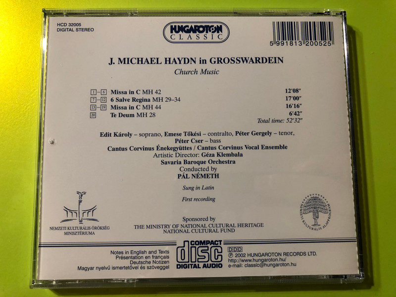 J. Michael Haydn Ünnepi Egyházi Zenéje Grosswardeinben – Korhű Előadás CD (5991813200525 )