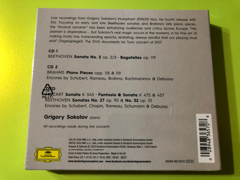 GRIGORY SOKOLOV: A Live Legacy - Beethoven, Brahms, and Mozart Piano Masterpieces / 2-CD + 1-DVD set (028948365708)