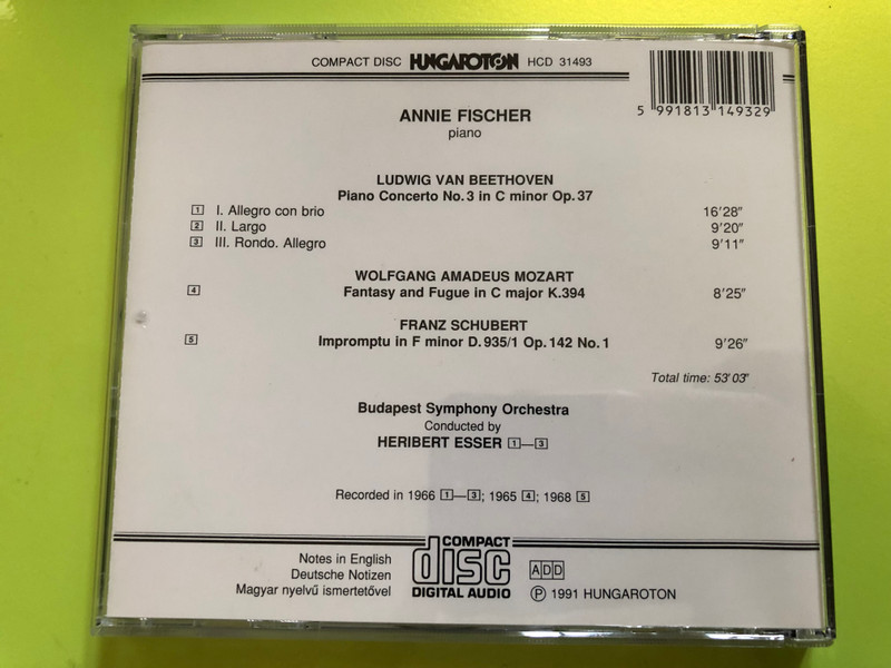 Annie Fischer - Piano / Beethoven - Piano Concerto No.3 / Mozart - Prelude And Fugue K.394 / Schubert - Impromptu In F Minor D.935/1 / Budapest Symphony Orchestra / Heribert Esser / Hungaroton Classic Audio CD 1994 Stereo / HCD 31493. (5991813149329.)
