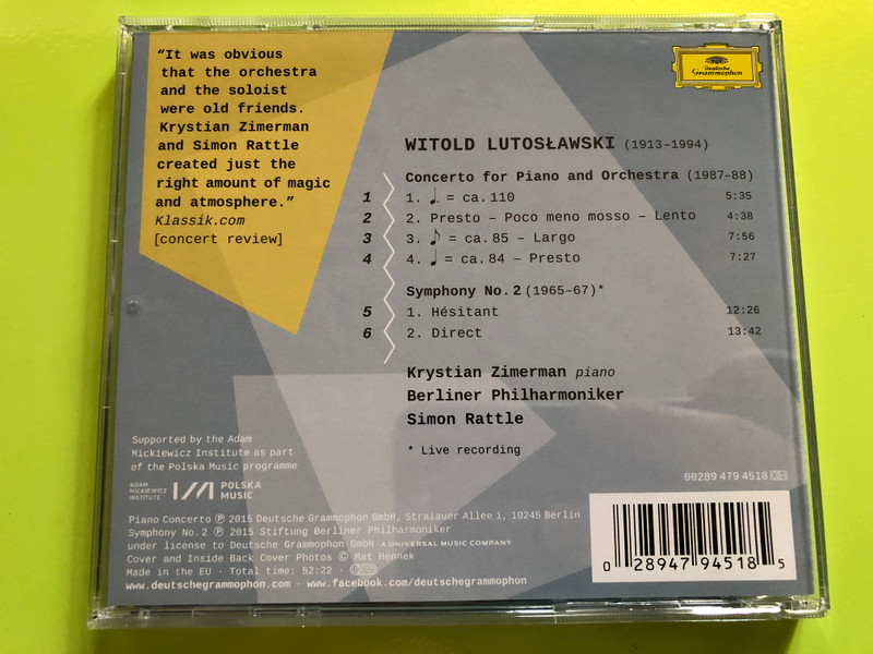 Lutosławski: Piano Concerto | Symphony No. 2 – Krystian Zimerman, Berliner Philharmoniker, Simon Rattle CD (028947945185)
